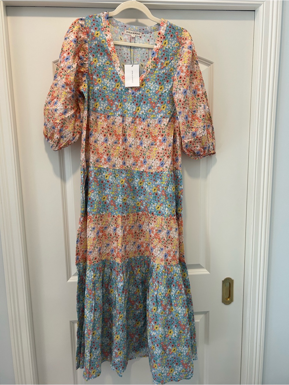 Ophelia & Indigo Floral Tiered Midi Dress in Blue and Pink